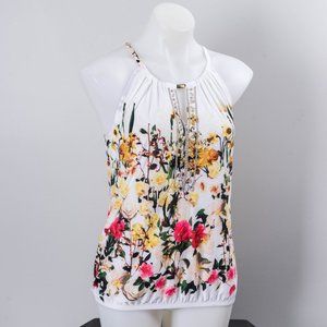 NWT White & Yellow Floral Rhinestone Keyhole Halter Top